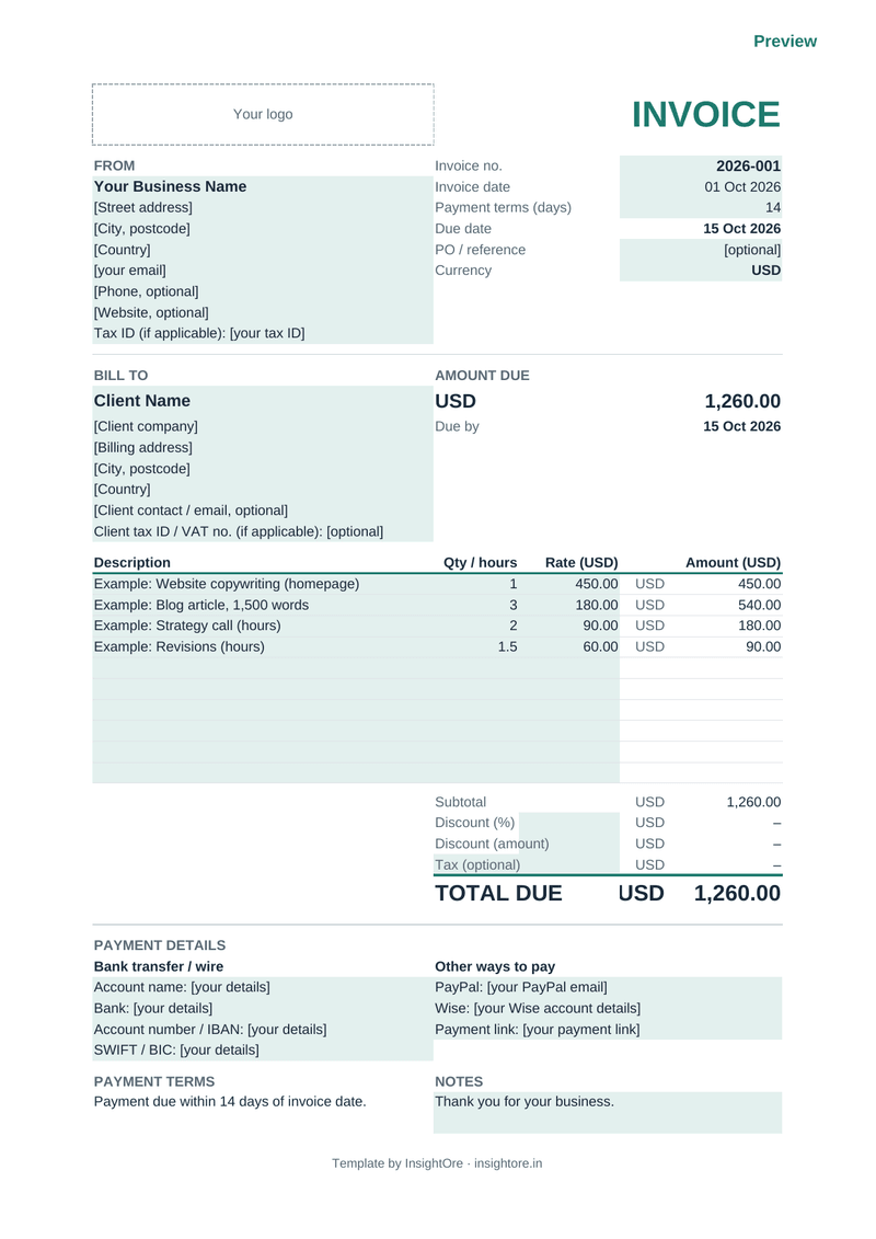 Preview of the InsightOre invoice template: an invoice layout with placeholder fields and example line items